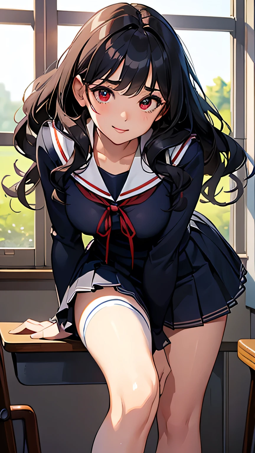 highest quality、High resolution、Detailed Background、(Beautiful face in every detail:1.4)、Anatomically correct、(Detailed facial expressions)、(Detailed eyes:1.2)、(Detailed eyes:1.2)、age beauty、(Highly detailed face:1.4)、Perfect body line、Red Eyes、Black Hair、Wavy Hairstyle、well-groomed eyebrows、Cute Lip Makeup、Calm atmosphere、A short-sleeved shiny dark sailor suit、White sailor collar、Navy blue pleated skirt、Red ribbon、White Stockings、Standing by the window in the classroom、Looking at me with a happy expression、Cute gestures、very beautiful