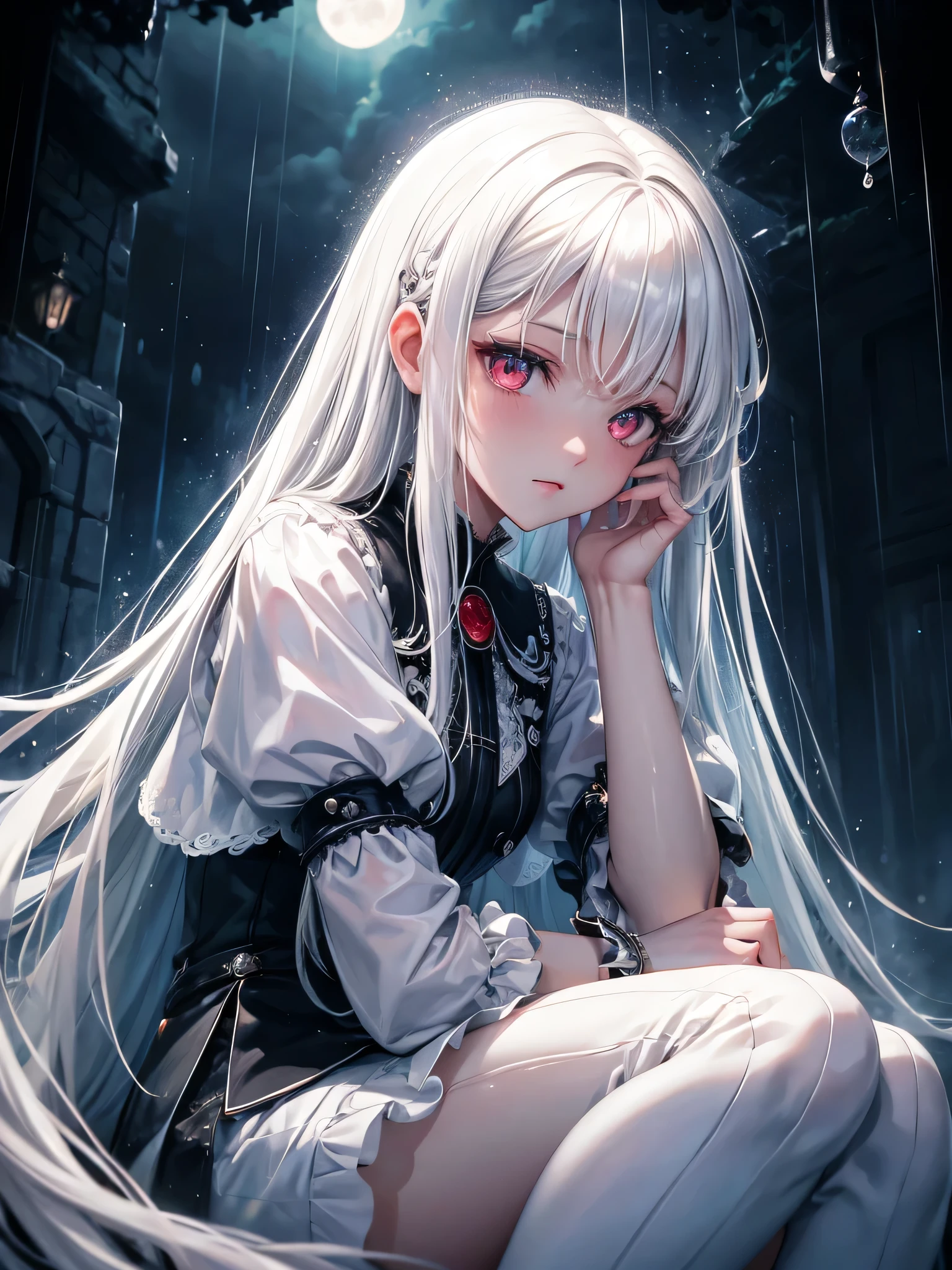 princess with white hair and red eyes sideways moon, heavy raindrops, sitting on rain, aloof face, depressed gloomy atmosphere, illustrations, vivid colors, cool tones, soft lighting,