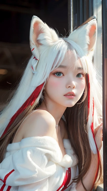 masterpiece, highest quality ,Full body photo、 Awareness-raising,1 perfect portrait of a girl, A fascinating eye for perfect detail, Colorful Hair, (red+White and soft hair:1.6), (White Fox Ears:1.3), ファンタジーなredい背景, {Sexy exposed bare shoulders} ,{Long-term alienation_sleeve}, {Lean forward slightly}, If you look up, hair ornaments, {shy },Please keep your mouth shut, Tilt your head, Cinema Lighting, Larger clothes, ((Seductive pose)),