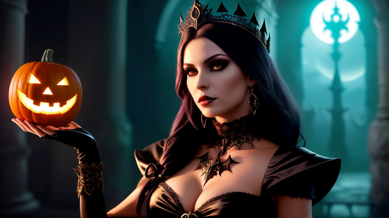 noite de Halloween,lua Vermelha,os morcegos,Ramos estranhos,Uma mulher de vestido preto fica em frente ao castelo,Holding a pumpkin in his hand, The terrible Black Autumn Princess, dark gothic girl, linda rainha vampira, linda rainha vampira, goth girl, gothic fantasy art, arte de estilo fantasia sombria, bruxa escura elegante, linda bruxa, arte de fantasia sombria, arte escura de fantasia, Evil Witch, assustadora rainha da morte, (melhor qualidade,4k,8K,A high resolution,Obra de arte:1.2), ultra-detalhado, (realista,Fotorrealista,fotorrealista:1.37), HDR, hiper HD, studio lighting, Pintura ultrafina, sharp focus, physically based rendering, extreme detailed description, Profissional, cores vivas, Bokeh, retrato esportivo, paisagem, Horror, anime peito grande, Sci-fi, fotografia, artista conceitual, Tons de outono, Captivating lighting effects.