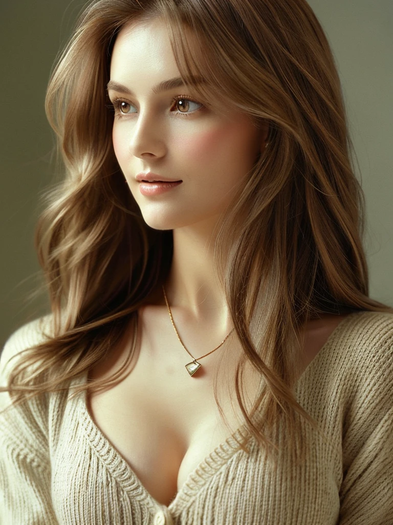 A beautiful Russian woman with light brown hair, clear skin, and a narrow waist, wearing loose and light knitwear, in a masterpiece SLR photo, with attention to detail, perfect proportions, and a soft-looking bust with cleavage, best image quality: 1.4, (rough long hairstyle:1.2), (detailed), (masterpiece:1.3), (highest quality)