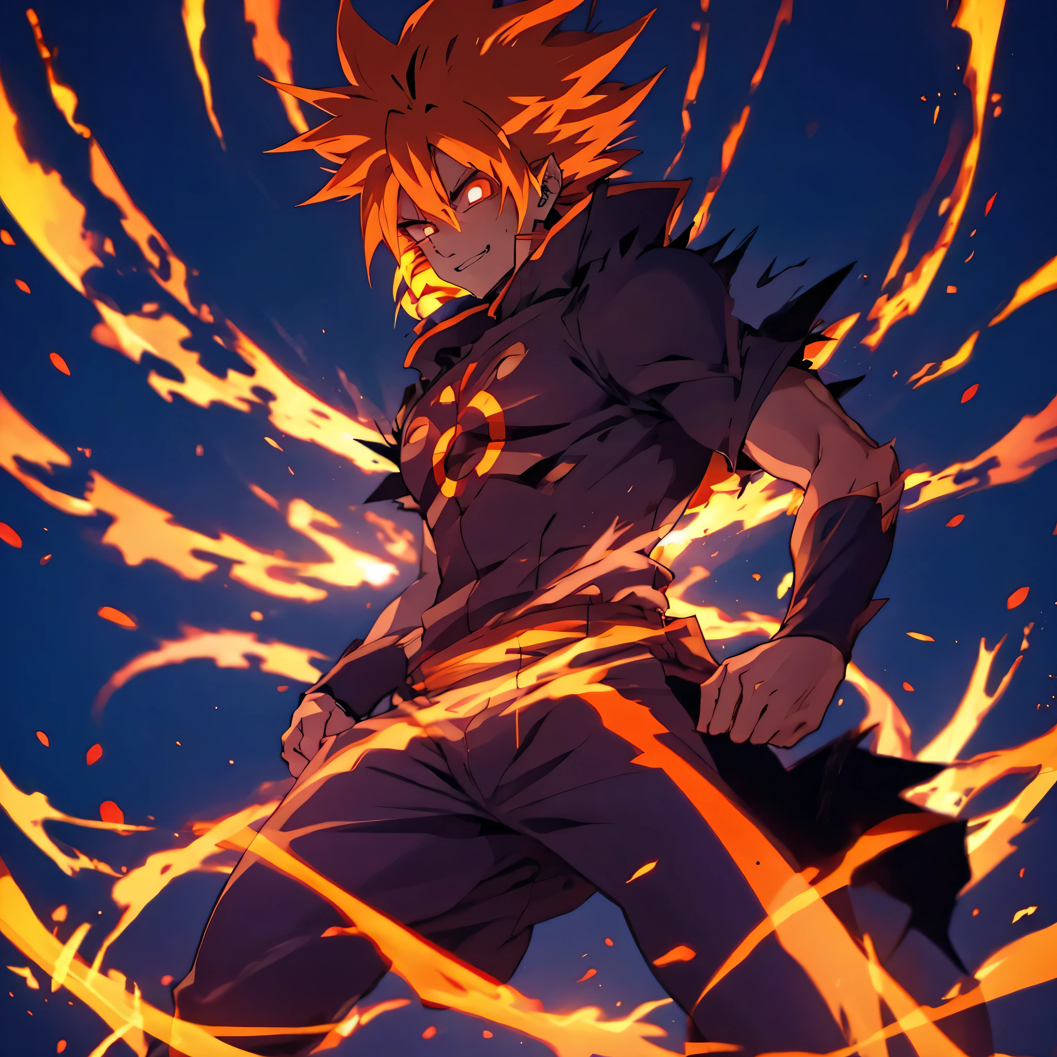 anime man character full body with glowing eyes and orange color hair and a blue background, badass anime 8 k, epic anime style, anime epic artwork, glowing electric aura, spiky orange saiyan hair, anime wallaper, dark aura, advanced anime digital art, 4 k manga wallpaper, advanced digital anime art ”, 4k anime wallpaper, hd anime wallaper, darkness aurA