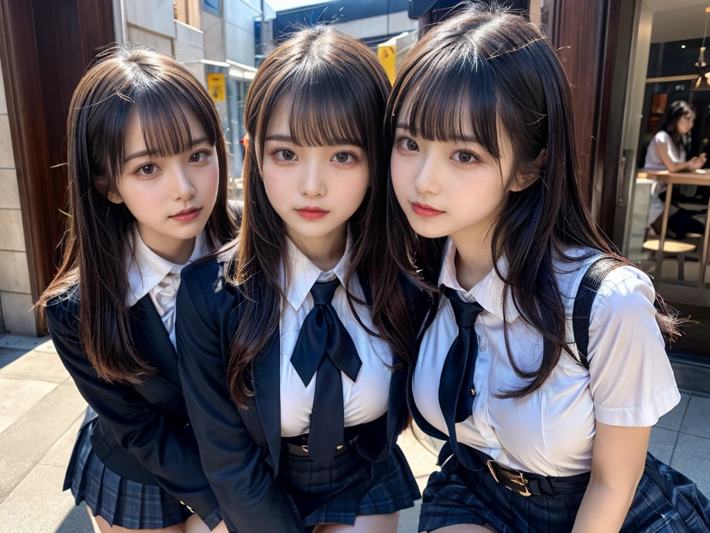 (8K, Raw photography, top-quality, ​masterpiece:1.2), master piece, best quality, illustration, Super detailed, fine details, High resolution, 8K,wall paper, perfect dynamic composition,(Details High quality, realistic depiction of eyes:1.3), ((2 girls, 2 schoolgirls)), The background is a luxury hotel room、High school girl uniform、blazer 、Super Short Check Uniform Skirt、Navy blue high socks、garterbelts、Colossal tits、Disturbed uniform, Play with each other,Touching each other's bodies,Touching the body of the girl next door, short bob hair, black hair color, huge breasts, Big Natural Color Lip, bold sexy pose, (perfect body shape), crying a little、cold gaze,  Beautiful makeup,glitter makeup,Cutest 18 years old, beautiful legs, hposing Gravure Idol, Voluptuous thighs
