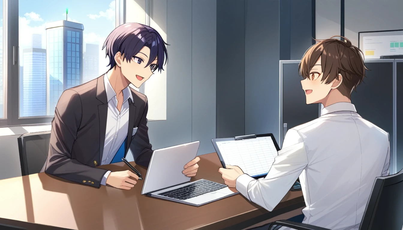 Two male programmers having a meeting in a meeting room。