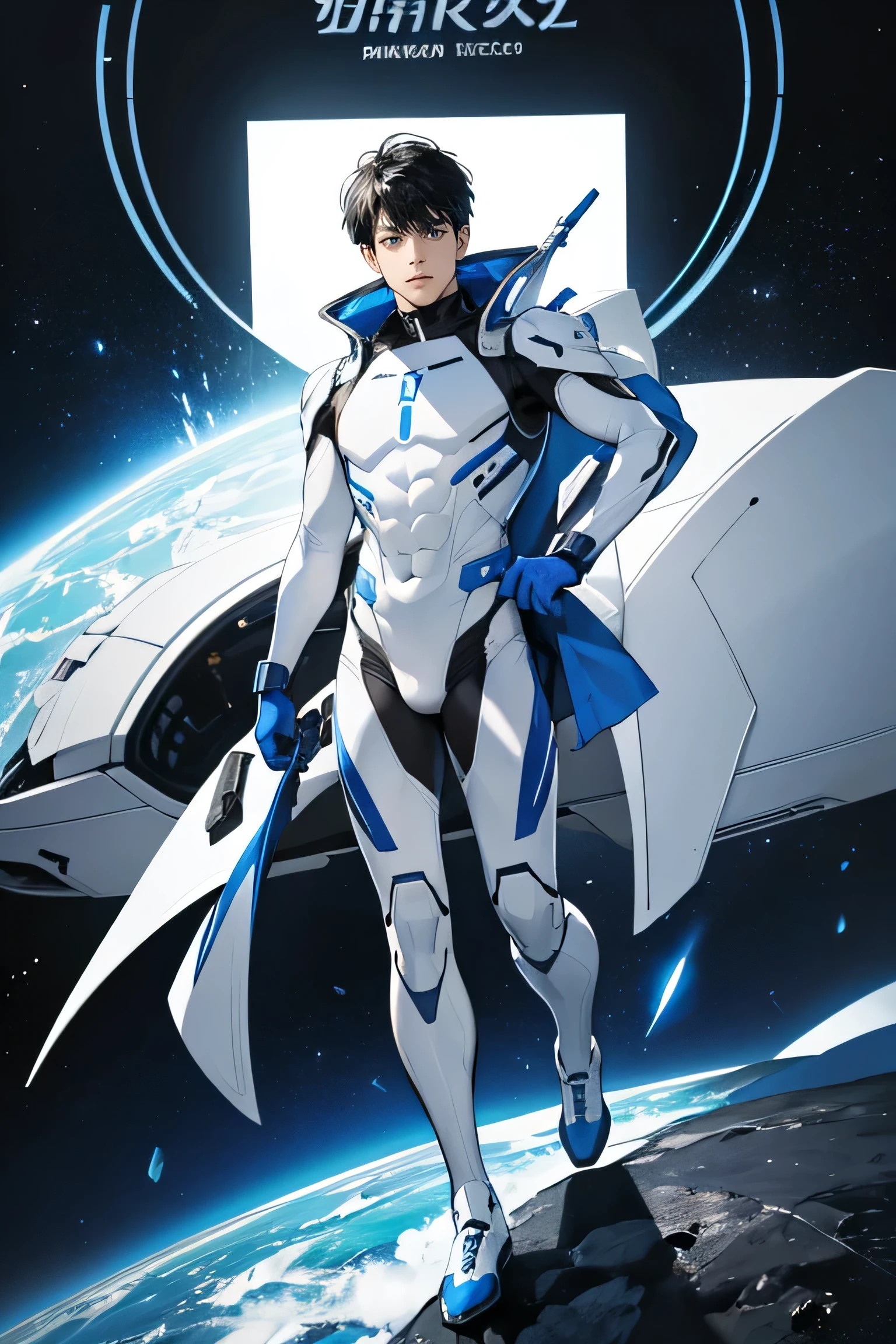 Handsome 22 years old Very short, cropped black hair cyborg future universe Science fiction The background is the galaxy universe looking at the camera From the feet to the whole body White and blue armor White rubber suit Plug Suit