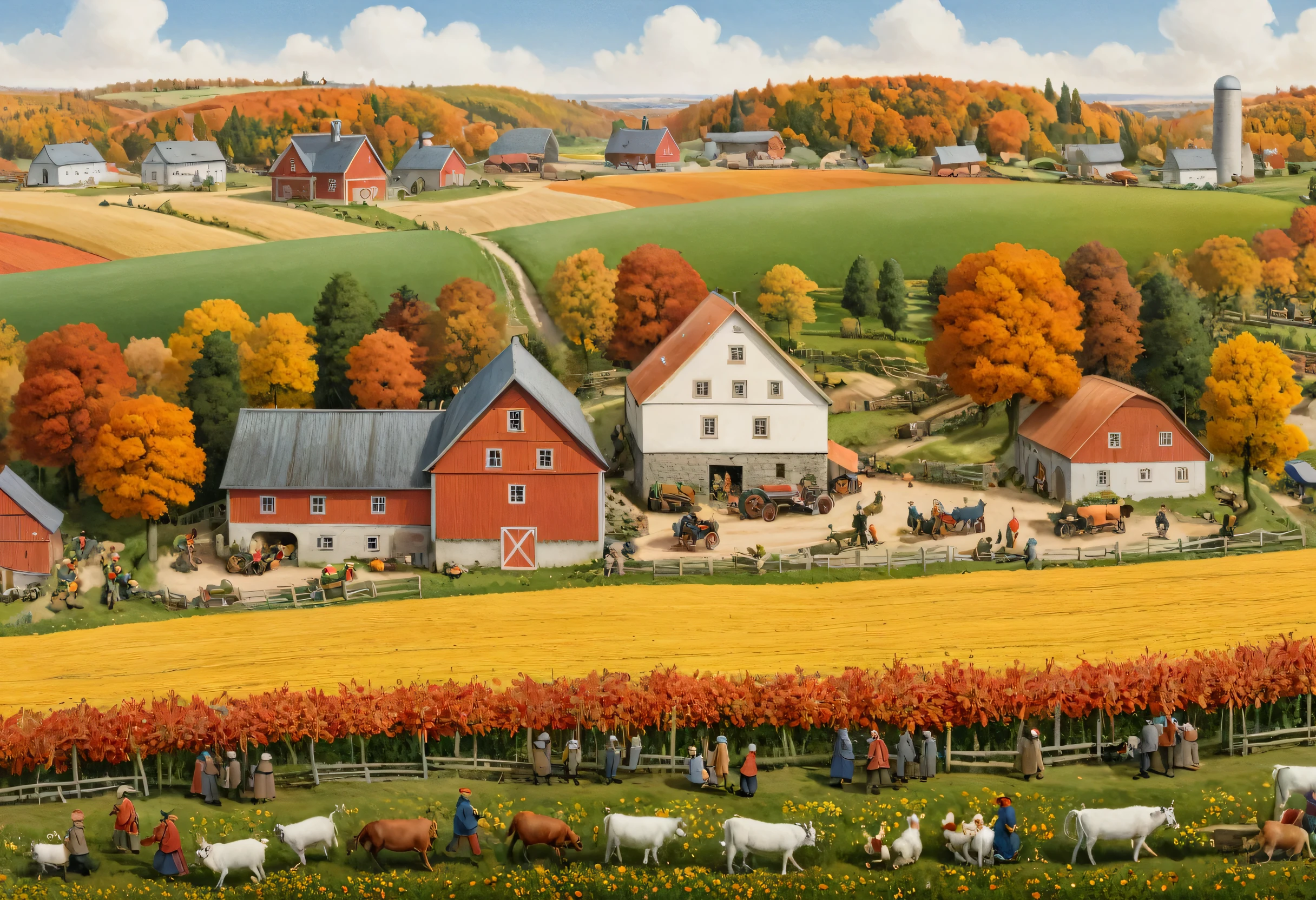 By Elsa Beskow, autumn, crowd, farm, Complex, (highest quality, masterpiece, Representative works, Official Art, Professional, unity 8k wallpaper:1.3)