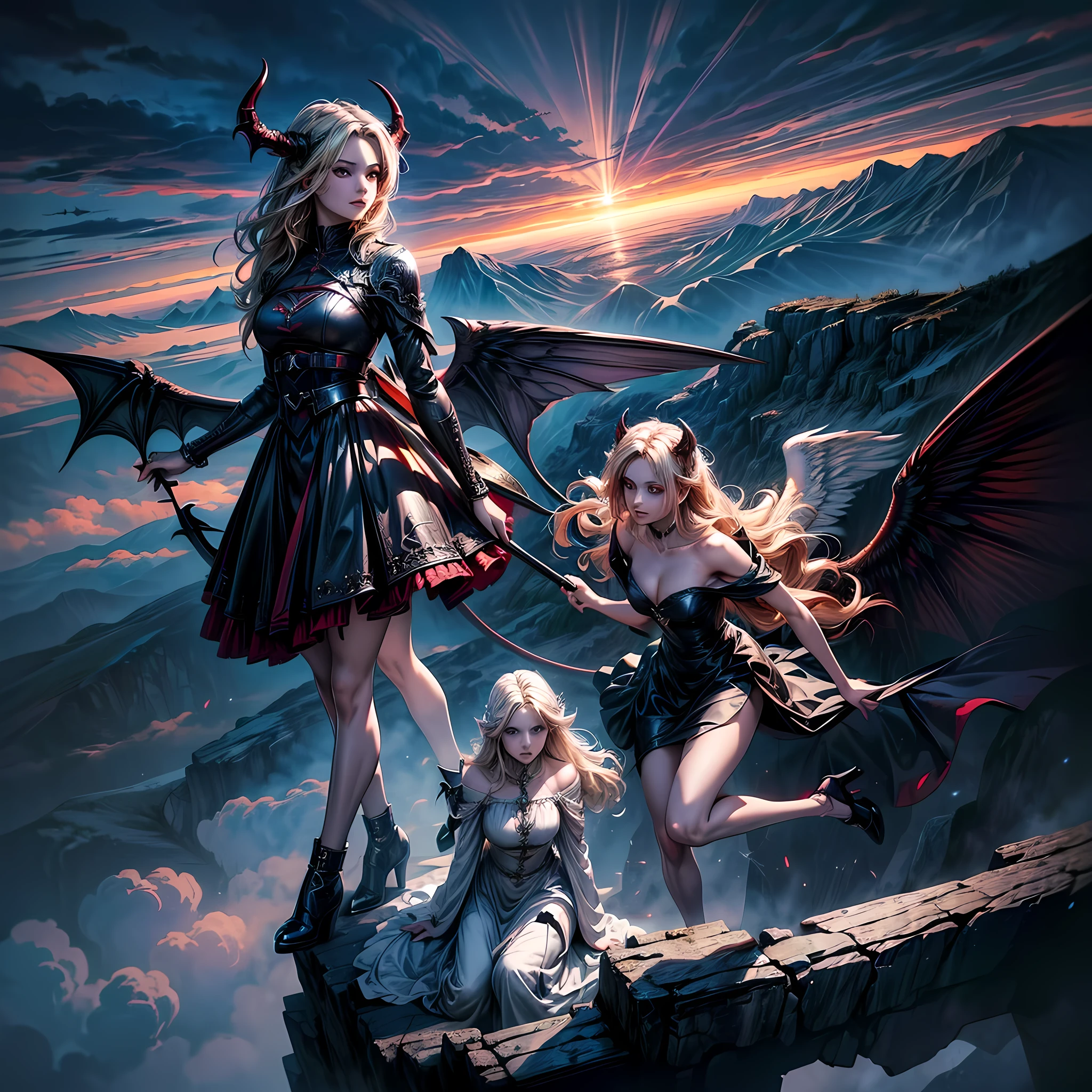 ((a picture of 2 women 1angel and 1demon), (highest quality, masterpiece, High resolution), 16K, fantasy art, RPG art BREAK a (1female angel: 1.3) , wearing dress, pale skin, best details beautiful face , (blond: 1.2) hair, long hair wavy hair (blue: 1.1) eyes, high heeled boots, wearing a dress, large angelic wings, (white: 1.2) angelic wings spread BREAK ((AND)) a (1female demon: 1.3), (red: 1.2) skin, demonic wings, (black: 1.1) demonic wings spread, demonic horns, (red: 1.1) skin, black hair, red eyes, best details beautiful face, wearing a dress, high heels, in the border between heaven and hell, moon, stars, clouds, god rays, soft natural light silhouette, dynamic angle, photorealism, panoramic view (Masterpiece 1.3, intense details) , Wide-Angle, Ultra-Wide