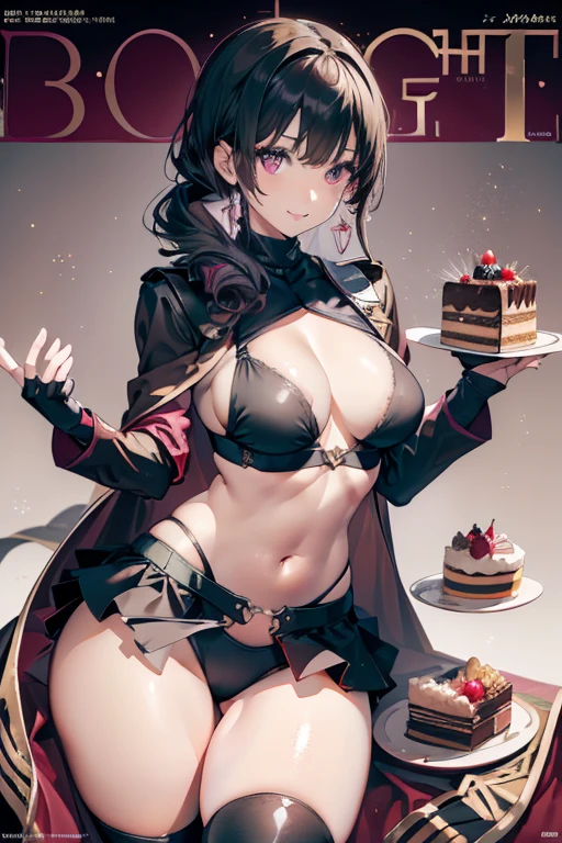 1 girl, small nose, very beautiful detailed face and eyes, bright colors, cute face, delicate beautiful face, Bright magenta eyes, cute eyes, sparkling eyes, Big eyes, (big breasts:1.3), (perky chest:1.1), (pointed chest:1.0), (cakes magazine cover:1.3)，highest quality, WorKs of masters, High resolution,BlacK color hair，shiny hair, side ponytail,hair between eyes,bangs, (black jacket, real clothes, cleavage, midriff, black skirts, black thighhighs, thigh strap, fingerless gloves, single glove:1.2) , spread legs, panties shot, medium hips, glamorous body, white skin, smile, thin pubric hair,  super beautiful face, Super beautiful eyes, Super beautiful hair，trendy outfit，sexy and attractive,full body esbian, Real World, Natural light,perfect Natural light,(with sparkling eyes and a contagious smile), looking at viewer, 