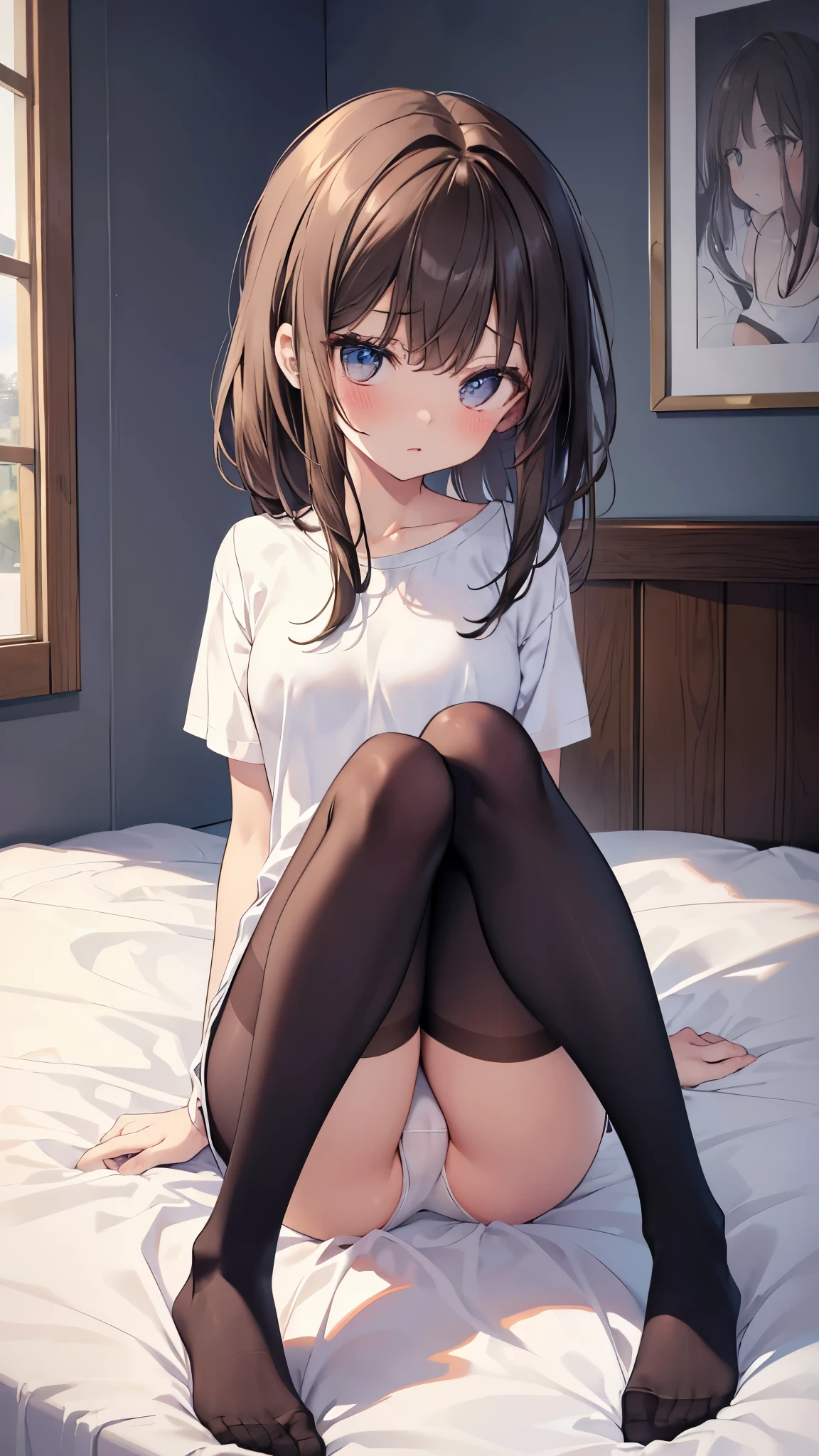 highest quality, masterpiece, High resolution, (Head to toe full body view), Front view from slightly below, Symmetrical Configuration, Precisely balanced composition across the body、18-year-old, Slim and beautiful girl, alone, (Small breasts), (No shoes), Long brown hair, bangs, (Black Pantyhose), (Sit on the floor with your legs open), (Spread-legged pose on bed), (Her legs were spread、White panties are visible.), (Open your mouth with a pained expression), blush, Shy big eyes, Looking into the camera, High school girl's blazer uniform, Checkered pleated skirt