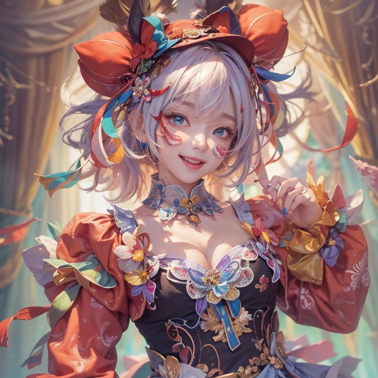 Hiding in the castle、Hair flow、 ((highest quality、masterpiece、8k、Best image quality、Ultra-high resolution、Award-winning works)、(Accurate anatomy:1.1)、(Look at me and smile:1.1)、Shining fair skin with Ultra-high resolution、The most detailed face、Ultra-high resolution detailed face、Ultra-high resolutionの髪の毛、(Ultra-high resolutionの煌めく瞳:1.1)、Beautiful face drawn in every detail、(Blurred Background:1.1)、Cheerful clown costume, Chest to chest, tattoo,、Wear a Venetian mask、Holding a masquerade mask