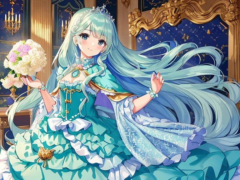 (kawaii),(best quality),(ultra detailed), upper body,(rococo style),(long train mint blue cape:1.05), very long cape,(long train mint blue ball gown with flower decorations:1.05), a girl is wearing a cape over her gown, 1 princess, tiara, smile, small breasts, very long hair