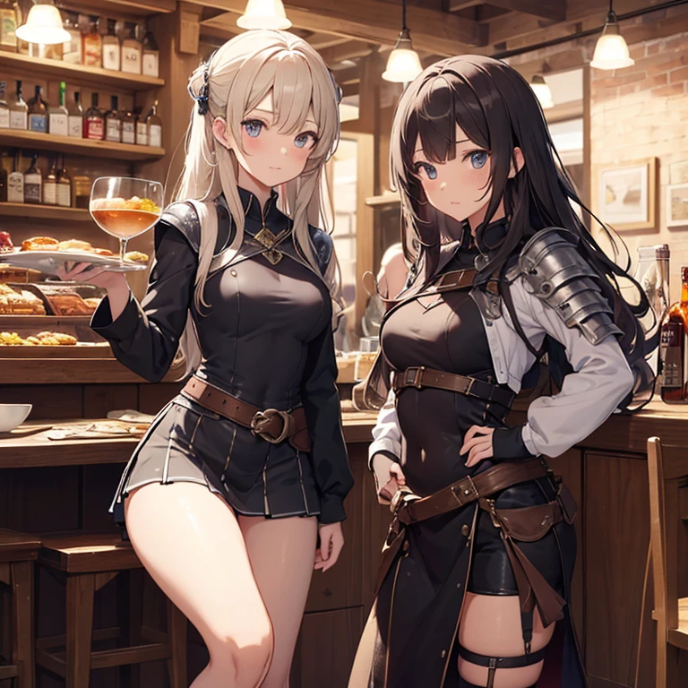 A group of female medieval fantasy adventurers, (in tavern), various hair styles, harem, night, details face, short skirt, seducing, sleeveless, armor