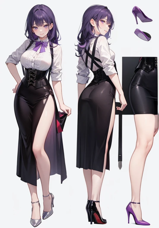 Purple hair,long hair,Adult female,Bartender,((Body harness)),((Rolling up your sleeves shirt)),(Corset),(skirt),(slit),High heels,((Simple background)),Smile,((Full body)),((whole body)),Character Sheet,