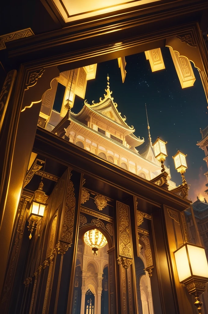 night、豪華なnight景、White and gold neon lights、luxurious palace、Trick Art、Escher、Ultra-wide-angle lens、bird's's point of view