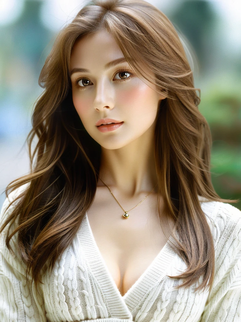 A beautiful Russian woman with light brown hair, clear skin, and a narrow waist, wearing loose and light knitwear, in a masterpiece SLR photo, with attention to detail, perfect proportions, and a soft-looking bust with cleavage, best image quality: 1.4, (rough long hairstyle:1.2), (detailed), (masterpiece:1.3), (highest quality)