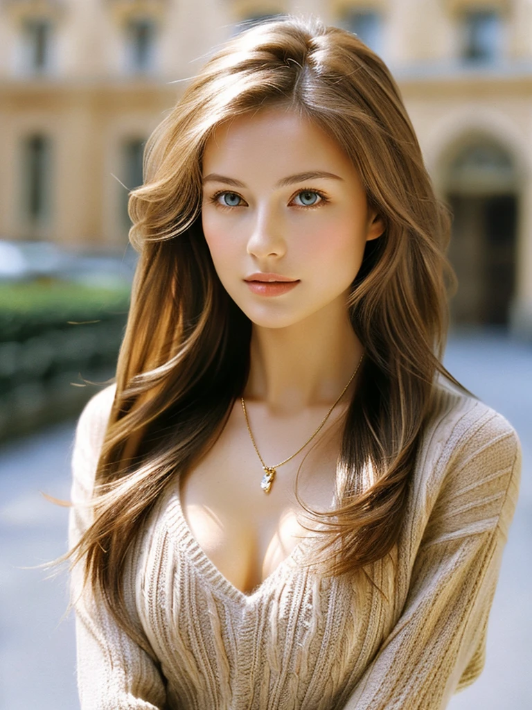 A beautiful Russian woman with light brown hair, clear skin, and a narrow waist, wearing loose and light knitwear, in a masterpiece SLR photo, with attention to detail, perfect proportions, and a soft-looking bust with cleavage, best image quality: 1.4, (rough long hairstyle:1.2), (detailed), (masterpiece:1.3), (highest quality)