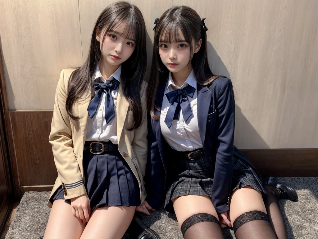 (8K, Raw photography, top-quality, ​masterpiece:1.2), master piece, best quality, illustration, Super detailed, fine details, High resolution, 8K,wall paper, perfect dynamic composition,(Details High quality, realistic depiction of eyes:1.3), ((2 girls, 2 schoolgirls)), The background is a luxury hotel room、High school girl uniform、blazer 、Super Short Check Uniform Skirt、Navy blue high socks、garterbelts、Colossal tits、Disturbed uniform, Play with each other,Touching each other's bodies,Touching the body of the girl next door, short bob hair, black hair color, huge breasts, Big Natural Color Lip, bold sexy pose, (perfect body shape), crying a little、cold gaze,  Beautiful makeup,glitter makeup,Cutest 18 years old, beautiful legs, hposing Gravure Idol, Voluptuous thighs