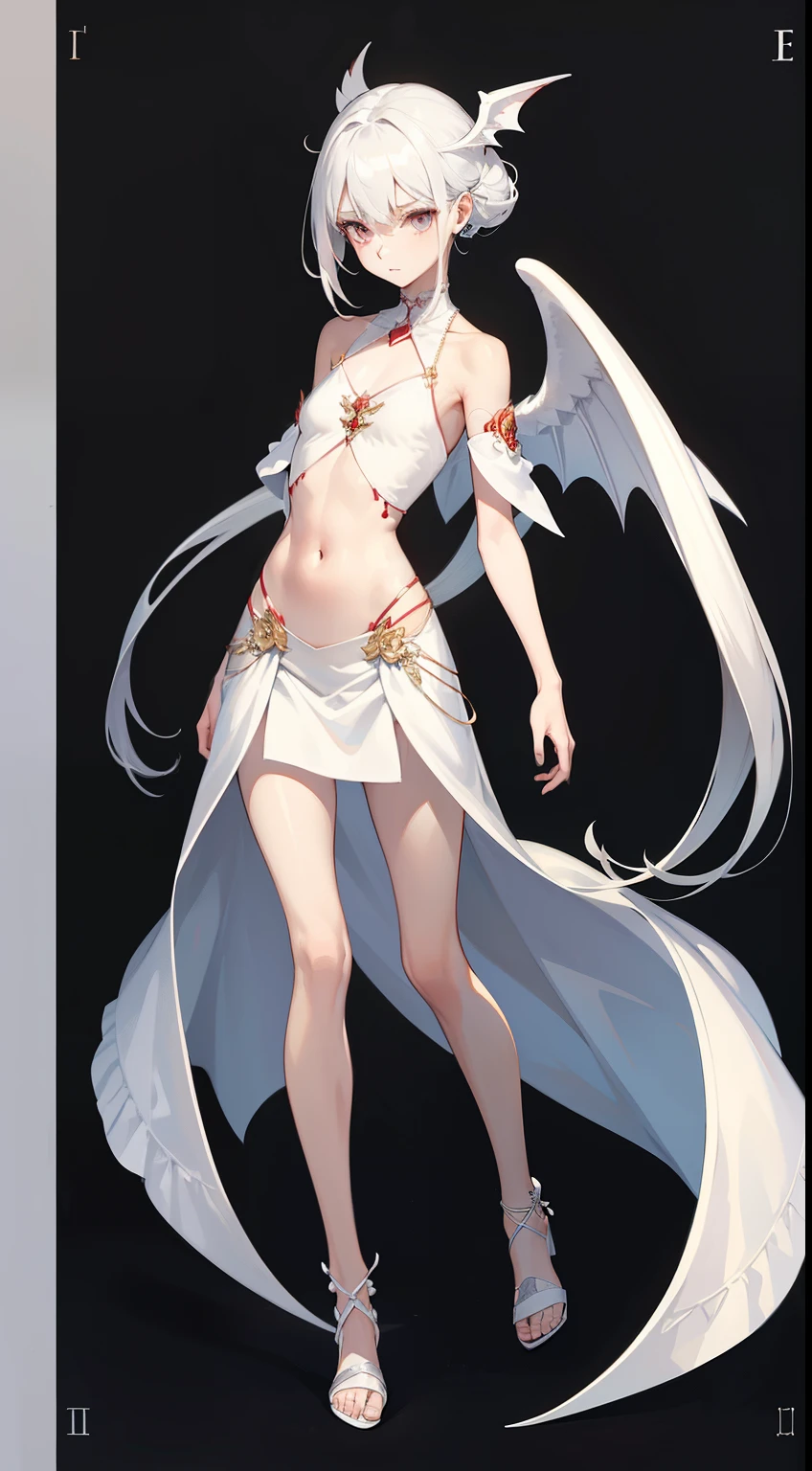 ((best quality)), ((masterpiece)), (detailed), 1girl, NSFW, long white grey hair, grey white eyes, very skinny, detailed, best quality, prominent collarbones, skinny arms, flat stomach, visible hip bones, small breasts, full body, red and white clothing, occult aesthetic, occult, detailed and intricate steampunk and detailed gothic, NSFW, Fluttering lace flared long knee length dress with frilly petticoats, knee length dress, pleated petticoats, petticoats gothic, complex lace boots, gothic aesthetic, wielding a mighty sword with mechanical components, mandalas, small breasts, a fairy, various different types of insect wings, bug wings, beetle wings, NSFW, full body, whole body, body, chains,