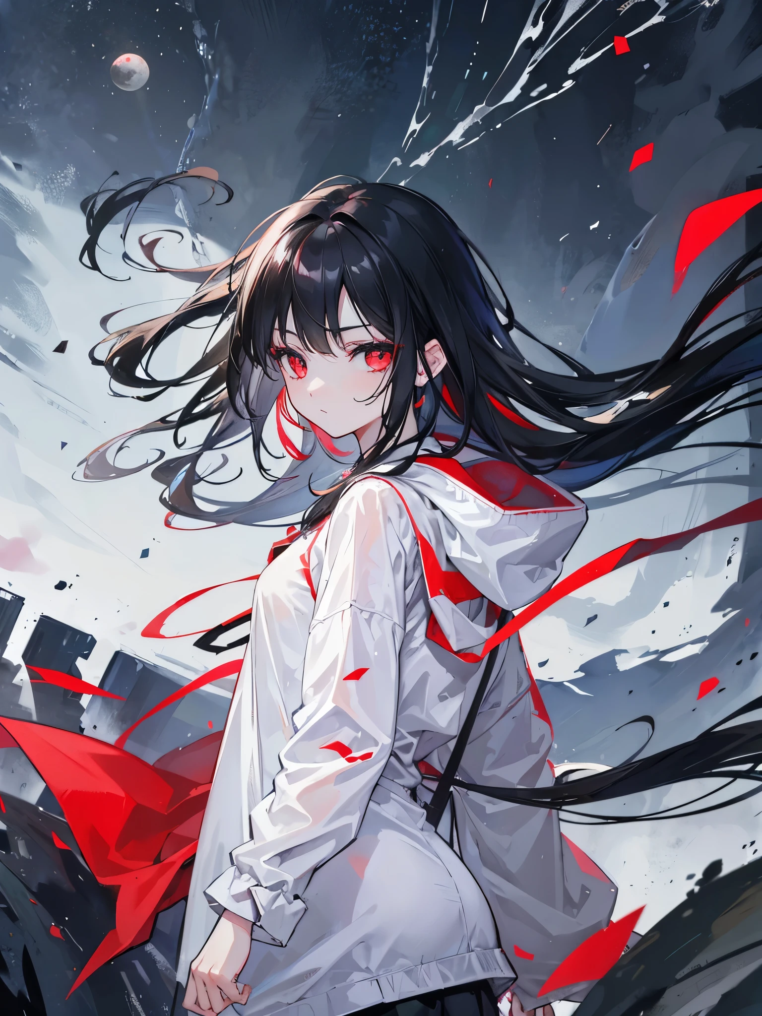 masterpiece, best quality, one girl, long hair, black dress, red ribbon,
