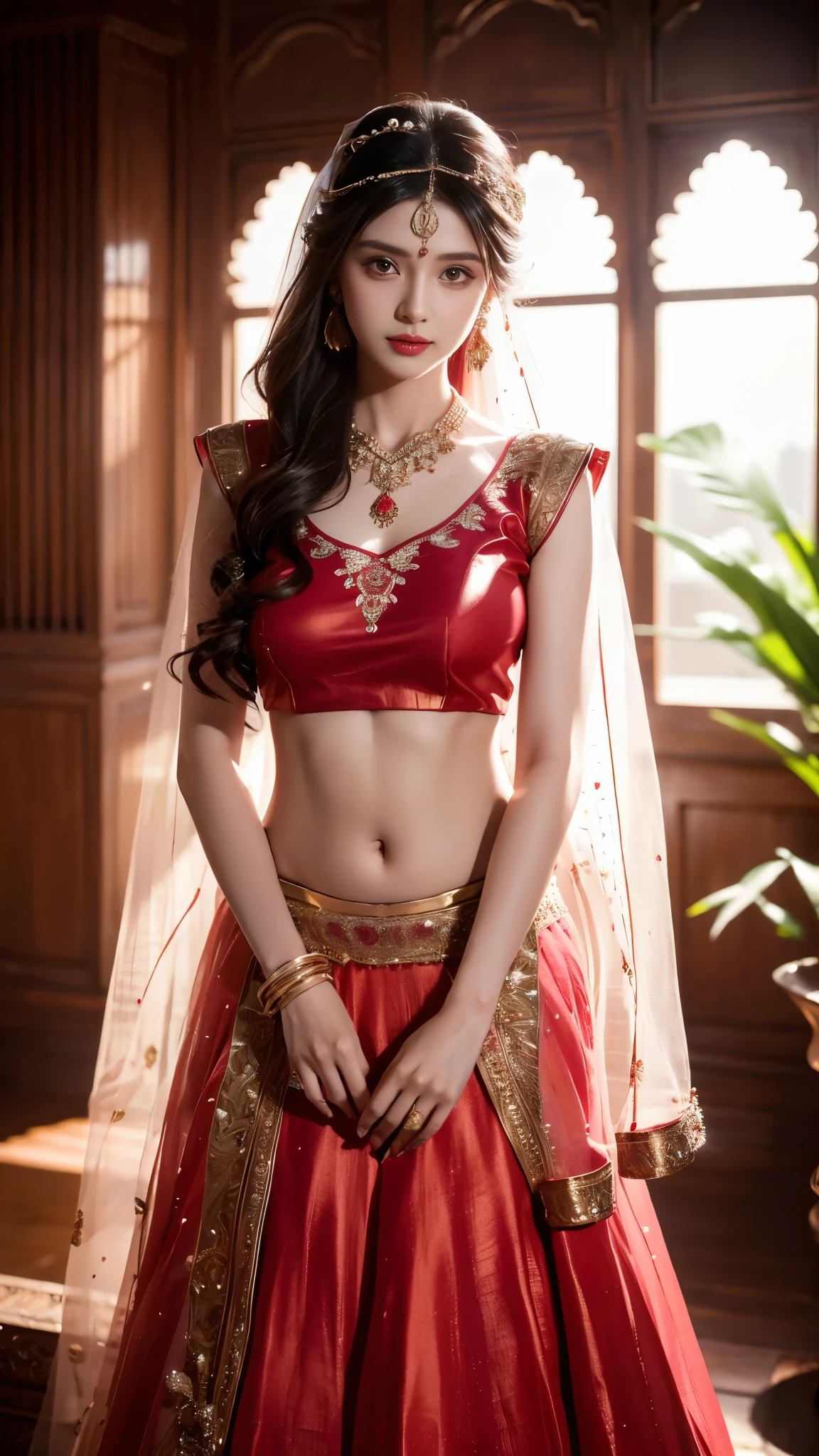 4K, UHD, masterpeice, 1 girl, good face, detailed eyes, detailed lips, very long hair, straight hair, very long hair, beautiful hair, hair ornaments, hairband, gradient hair, ((red lehenga)), ((bridal lehenga)), ((decorated blouse)), sardine, (( lehenga)), ((lace)), ornaments, necklace, earring, high lighting, ((bare stomach)), wedding stage, fujicolor, depth of field, ray tracing, ultra realistic detail,