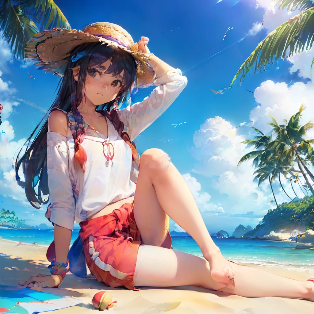 masterpiece, best quality, high resolution, extremely detailed, detailed background, natural light, realistic shadow, 1girl, cute girl, solo, brown hair, straw hat, red eyes, ((horizontal rainbow color striped bikini)), wood sandals, dynamic pose, sun , blue sky, sea background, white sand beach, sailboat, (colorful, vivid color:1.4)