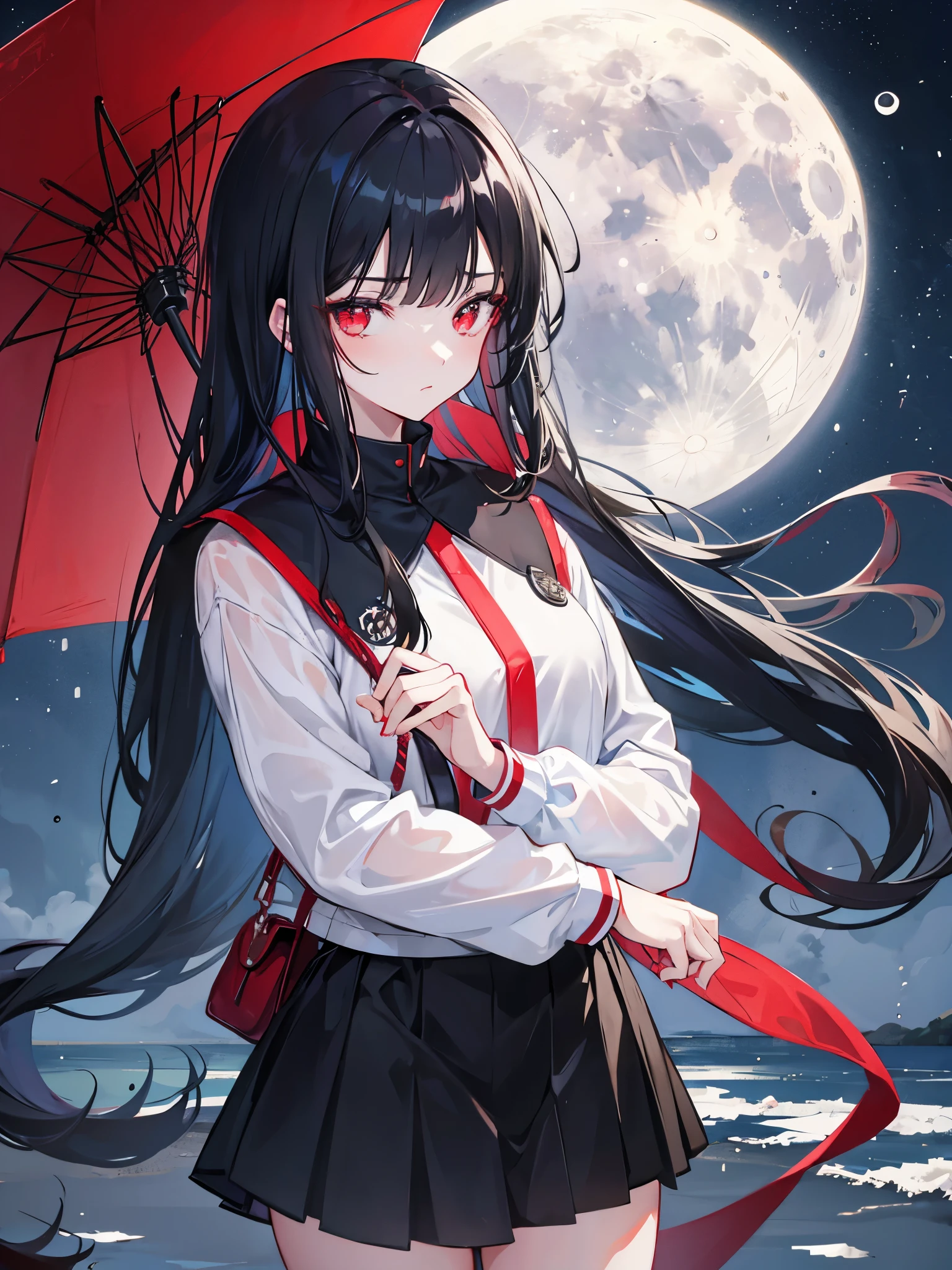 Girl with black hair and red eyes,sideways moon, heavy raindrops, aloof face, full clothes on
