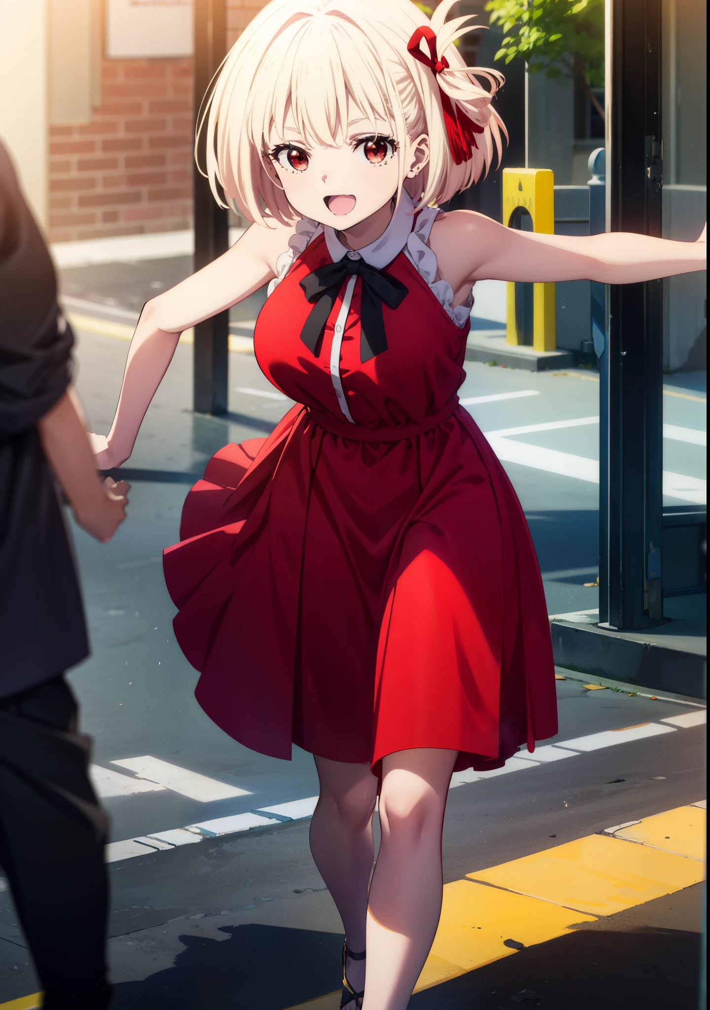 chisatonishikigi, Chisato Nishikigi, short hair, bangs, blonde, (Red eyes:1.5), Hair Ribbon, One side up, Bobcut,happy smile, smile, Open your mouth,
Open your mouth, Red sleeveless dress,Bare arms,Red long skirt,Cute Sandals,whole bodyがイラストに入るように,Daytime,sunny, Walking,break looking at viewer,whole body, break outdoors, city,construction area,bridge、 break (masterpiece:1.2), highest quality, High resolution, unity 8k wallpaper, (shape:0.8), (Beautiful details:1.6), Highly detailed face, Perfect lighting, Extremely detailed CG, (Perfect hands, Perfect Anatomy),