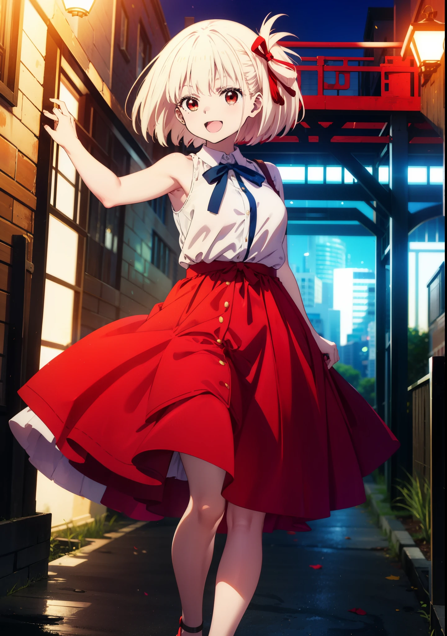 chisatonishikigi, Chisato Nishikigi, short hair, bangs, blonde, (Red eyes:1.5), Hair Ribbon, One side up, Bobcut,happy smile, smile, Open your mouth,
Open your mouth, Red sleeveless dress,Bare arms,Red long skirt,Cute Sandals,whole bodyがイラストに入るように,Daytime,sunny, Walking,break looking at viewer,whole body, break outdoors, city,construction area,bridge、 break (masterpiece:1.2), highest quality, High resolution, unity 8k wallpaper, (shape:0.8), (Beautiful details:1.6), Highly detailed face, Perfect lighting, Extremely detailed CG, (Perfect hands, Perfect Anatomy),