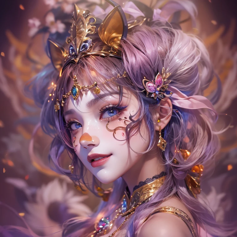 Hiding at the masquerade、Hair flow、 ((highest quality、masterpiece、8k、Best image quality、Ultra-high resolution、Award-winning works)、(Accurate anatomy:1.1)、(Look at me and smile:1.1)、Shining fair skin with Ultra-high resolution、The most detailed face、Ultra-high resolution detailed face、Ultra-high resolutionの髪の毛、(Ultra-high resolutionの煌めく瞳:1.1)、Beautiful face drawn in every detail、(Blurred Background:1.1)、Cheerful clown costume, Chest to chest, tattoo,、Wearing a Venetian mask