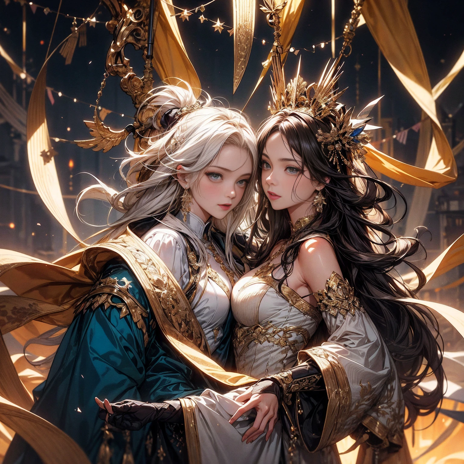 (best qualtiy)), ((tmasterpiece)), (A detailed:1.4),Enhanced dynamic perspective,Light and dark are intense,Suspended in the universe,starrysky,Gemini Galaxy,streamer,(Two beautiful women, one black and one white, snuggle up to each other),(Gemini Gold Saint Seiya),((Gorgeous Greek mythological costumes)),(Nice headband),Magnificent,Mighty,high qulity,8K分辨率,tmasterpiece,Works of masters,Cinematic lighting,super-fine,,super-fine,Works of masters,high qulity,8K分辨率,depth of fields,电影灯光,Epic shooting,high qulity,super-fine,Detailed pubic hair,Accurate,Cinematic lighting,
