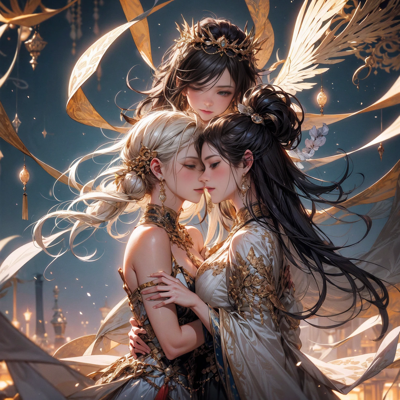 "Angelic AI mysticism. Two girls touching eachother, looking upwards, Alex Grey and Brian Froud Style."