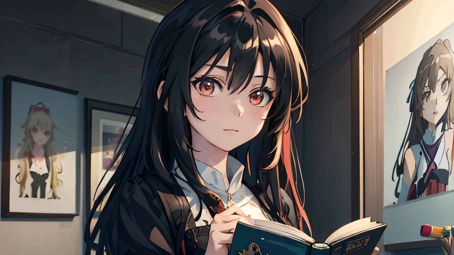 Anime girl with black hair and colorful dress, Ross paints vibrant pastels, Ross draws vibrant cartoons, 4K Anime Style, Beautiful animated portraits, Colorful art buds!!!, ! The seeds of artistic dreams, Beautiful Anime Girls, Anime style digital art, 4k anime art wallpaper, 4k anime art wallpaper, Digital Animation Art, Highly detailed ArtGerm,Reading a book,whole body