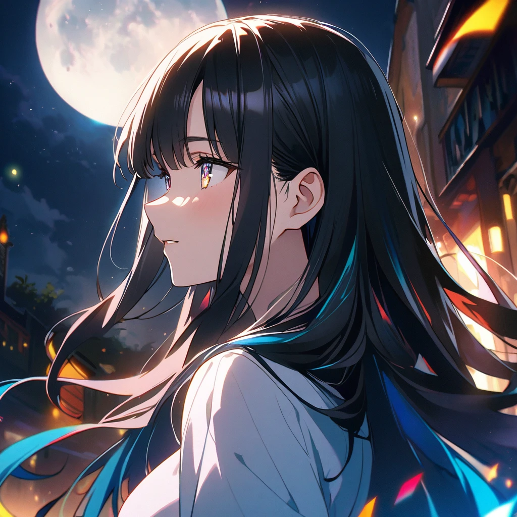 anime、Vibrant colors、A calm and collected beauty、20-year-old、Black Hair、Long Hair、Straight Hair、The bangs are cut above the eyebrows、Narrow eyes、Slanted Eyes、Bright eyes、Sparkling eyes、Large Breasts、profile、Night Sky、full moon
