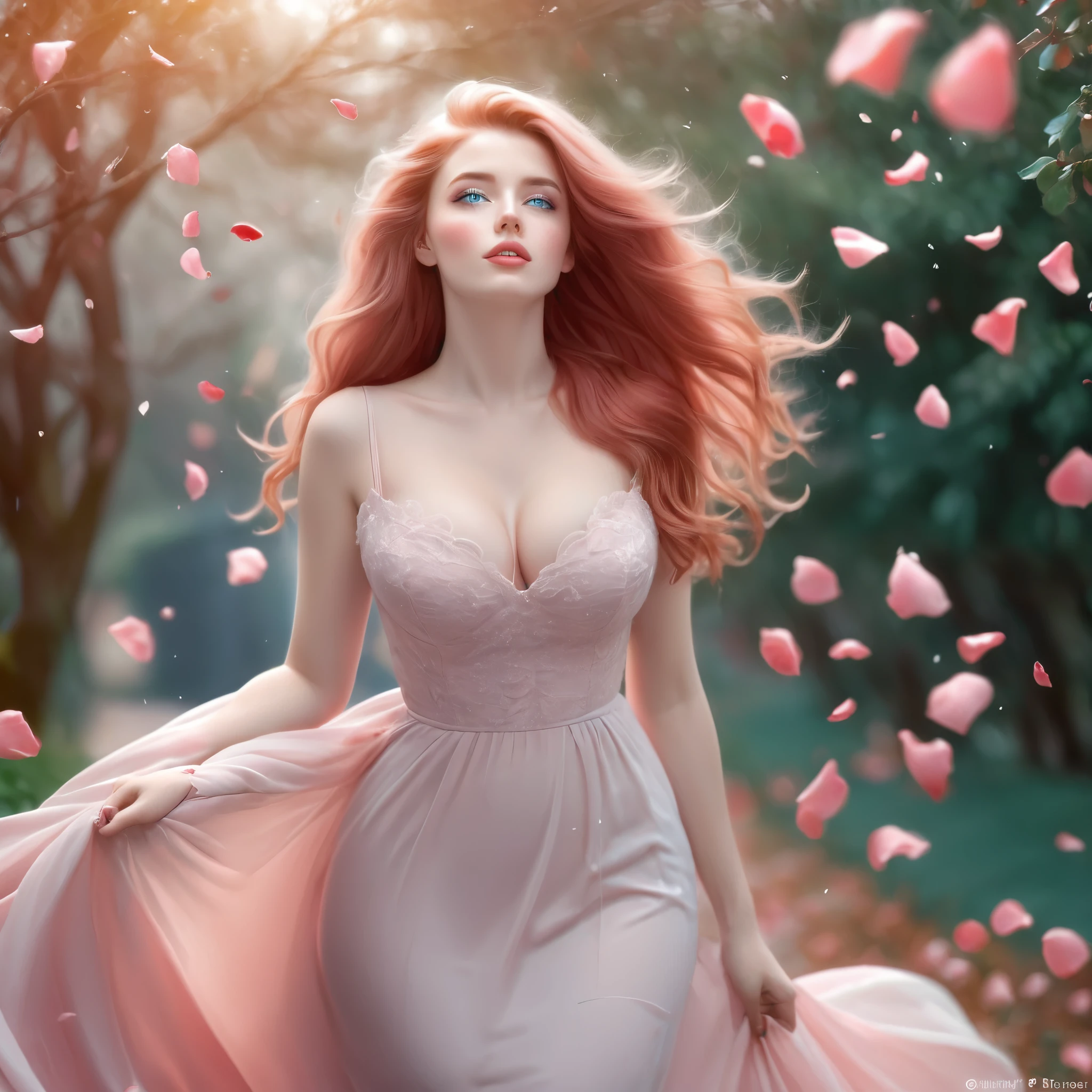 (best quality, realistic, ultra-detailed), a beautiful woman, large breasts, looking up, hair blowing in the wind, and red rose petals falling. perfect makeup, detailed eyes, and lips, long flowing pink hair and blue eyes, graceful pose, vibrant colors, soft lighting, romantic atmosphere, elegant and confident expression, delicate features, flowing dress, natural surroundings, dreamy ambiance. canon eos r3, 20 megapixels