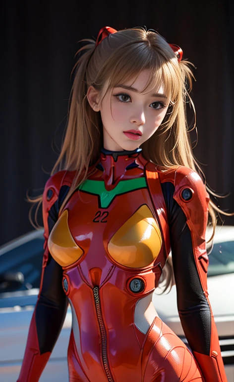(Masterpiece: 1.4, highest quality), (intricate details), Unity8k wallpaper, super detailed, beautiful and mysterious, detailed background, realistic, solo, perfect detail face, detailed blue eyes, very detailed, blush, hair ornament, chignon mahogany hair, (blonde hair), plug suit 02,Shikinami Asuka Langley, Evangelion, slender 15-year-old girl, full body suit, black background, Above the waist