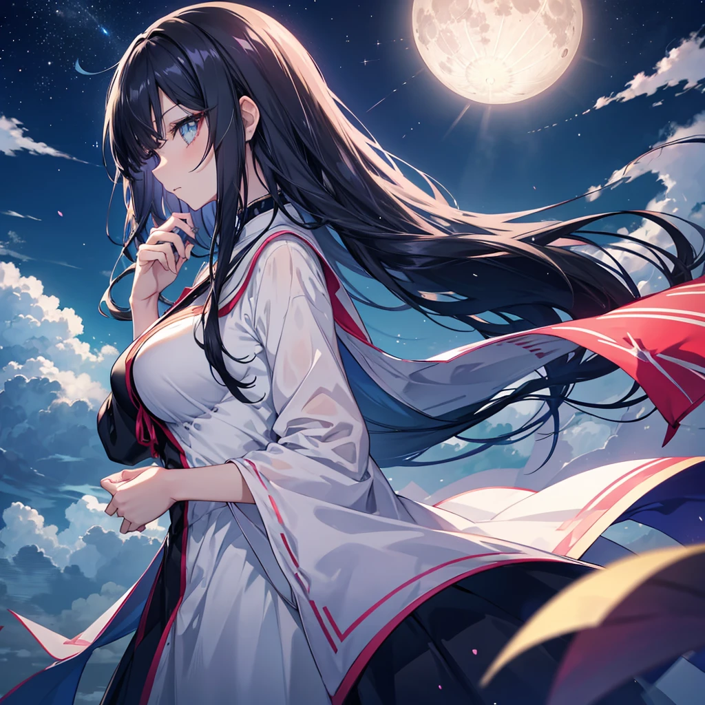 anime、Vibrant colors、A calm and collected beauty、20-year-old、Black Hair、Long Hair、Straight Hair、The bangs are cut above the eyebrows、Narrow eyes、Slanted Eyes、Bright eyes、Sparkling eyes、Large Breasts、profile、Night Sky、full moon