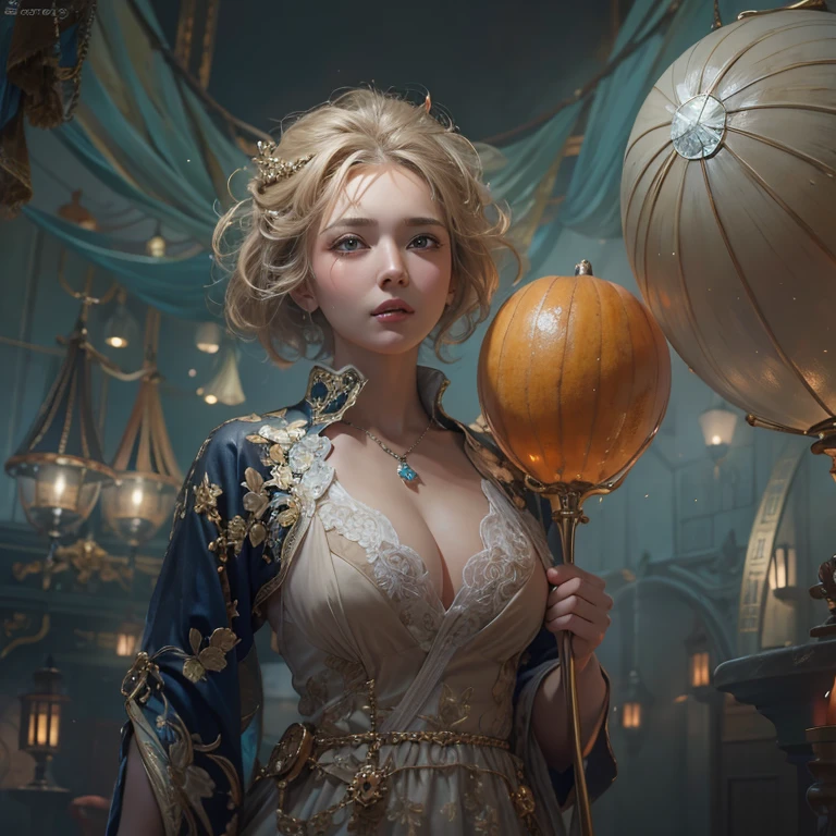 (masterpiece:1.3), (8k, Realistic, RAW Photos, Best image quality: 1.4), Fair-skinned fairy woman、short hair、Cleavage:2.0、Highly detailed face、Attention to detail、double eyelid、Sharp focus:1.2、Beautiful woman:1.4、highest quality、masterpiece、Ultra-high resolution、(Realistic:1.4)、Highly detailed and professionally lit smiles、カーネ・グリフィスを彷彿andさせる非常に詳細な線画, (Donald Trump'clown:1.7), (balloon:1.4), With the power of Vadim Kassim'大胆な色彩and質感, Light and airy, Like the works of Carl Larsson, dark background, dark, evil, fire, パスカル・ブランシュ風の超Realisticなキャラクター, pastel, Grace, Draandic lighting, Expressive camera angles, and, Concept Art, amusement park, masterpiece
