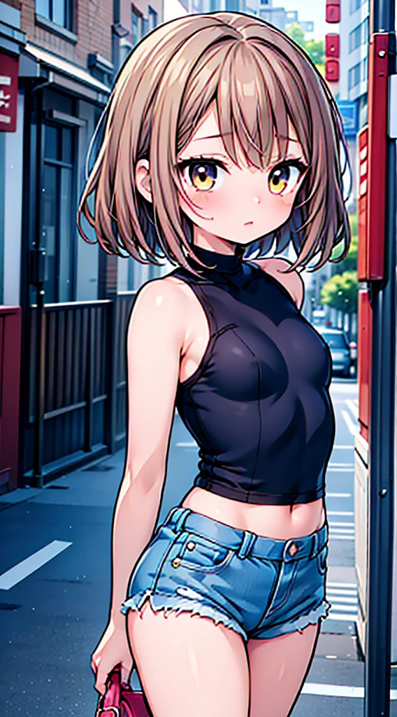 One woman,24-years-old,((highest quality)), masterpiece, Ultra-high resolution, 8k,Show anime style , One, Soft Line Art, Digital Enhancement, shojo anime touch, shojo manga core, Flowing fabric, close, Soft Drawing, (Ultra High Definition Digital Anime Art), Clear facial depiction, ((Highly detailed girl manga character art)), (Ultra-detailed manga style), highest qualityの色, ((Short brown hair)), Beautiful brown hair, (Clear brown eyes), A little chubby,Small breasts,Small butt, EnvyBetterHands LoCon, Standing position, Street background, Wearing denim shorts, Yellow strappy crop top, EnvyBetterHands LoCon