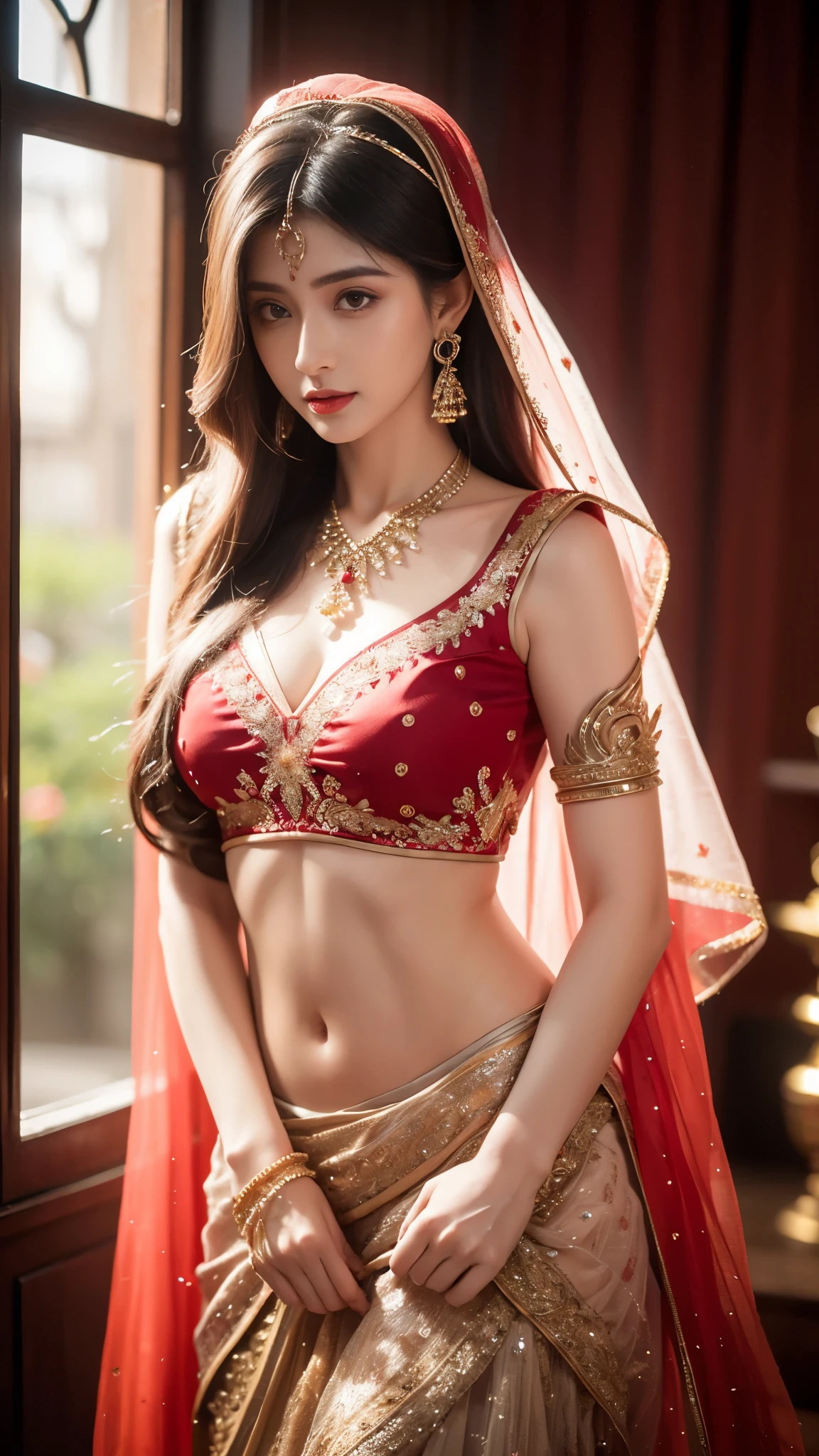4K, UHD, masterpeice, 1 girl, good face, detailed eyes, detailed lips, very long hair, straight hair, very long hair, beautiful hair, hair ornaments, hairband, gradient hair, ((red lehenga)), ((bridal lehenga)), ((decorated blouse)), sardine, ((jwellery on lehenga)), ((lace)), ornaments, necklace, earring, high lighting, ((bare stomach)), wedding stage, fujicolor, depth of field, ray tracing, ultra realistic detail,