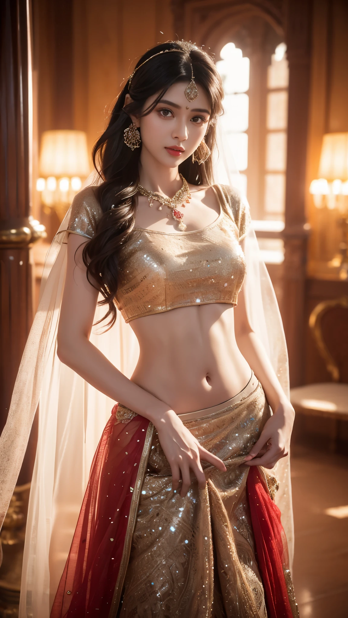 4K, UHD, masterpeice, 1 girl, good face, detailed eyes, detailed lips, very long hair, straight hair, very long hair, beautiful hair, hair ornaments, hairband, gradient hair, ((red lehenga)), ((bridal lehenga)), ((decorated blouse)), sardine, ((jwellery on lehenga)), ((lace)), ornaments, necklace, earring, high lighting, ((bare stomach)), wedding stage, fujicolor, depth of field, ray tracing, ultra realistic detail, 