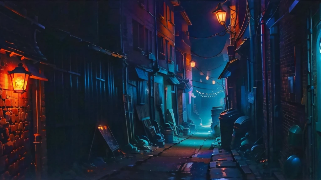 back alley, night, darkness, lights