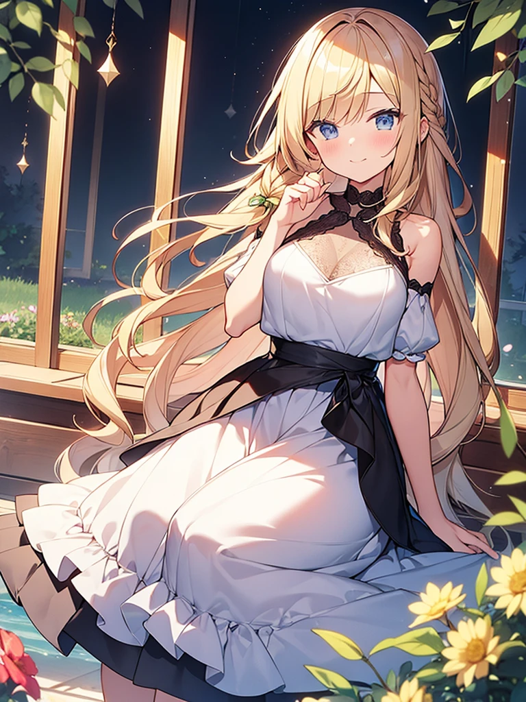 (Masterpiece, Top quality: 1.5), (1 beautiful blond hair girl), (gorgeous dresses with many gorgeous and colorful decorations) ,BREAK shoujo manga style, (15 year old), soft line drawing, digital enhancement, shojo manga touch, environmental change scenes, shojo manga core, ( Hair length to shoulders))), braid, teasing smile, beautiful scene of flower garden, angle from which the whole body is visible, entangle, beautiful and aesthetic: 1.5, High quality: 1.3, dynamic pose