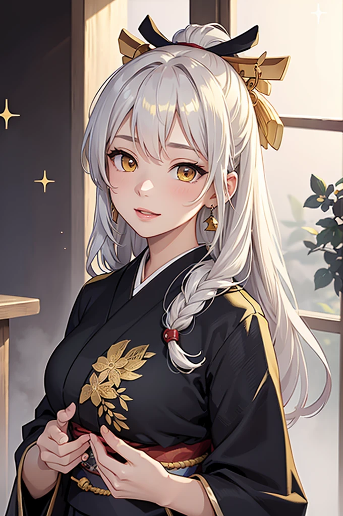 masterpiece、highest quality、High resolution、high quality images、8K, 1 female、skin luster、skin texture、Expression of fine eyes、Girl with long braided hair, realism, Detailed manga style, manga art style, perfect line drawing, beautiful line drawing, digital manga art girl,
(beautiful golden eyes:1.5), Clear, beautiful eyes、plump lips, Detailed gorgeous face, (cute smile), charm, Front view, (perfectly detailed face), (fine hands) 、(Five fingers:1.3)、photorealistic images, Depth of written boundary, face forward , romanticism、(Taisho Era、japanese black and golden kimono:1.5)、(large breasts:1.35)、blush、(white Hair:1.3)、Gorgeous blue sparkling earrings、Gorgeous gold bracelet、Gorgeous gold anklets、(oblong face:1.5)、(Sparkling Glitter:1.2)、Bangs between the eyes、(portrait:1.6)
Graceful、(Hands should be hidden behind the body:1.4)、Hairpin:1.3、(Woman looking at Earth from a spaceship window:1.3)、sit in the cockpit of a spaceship