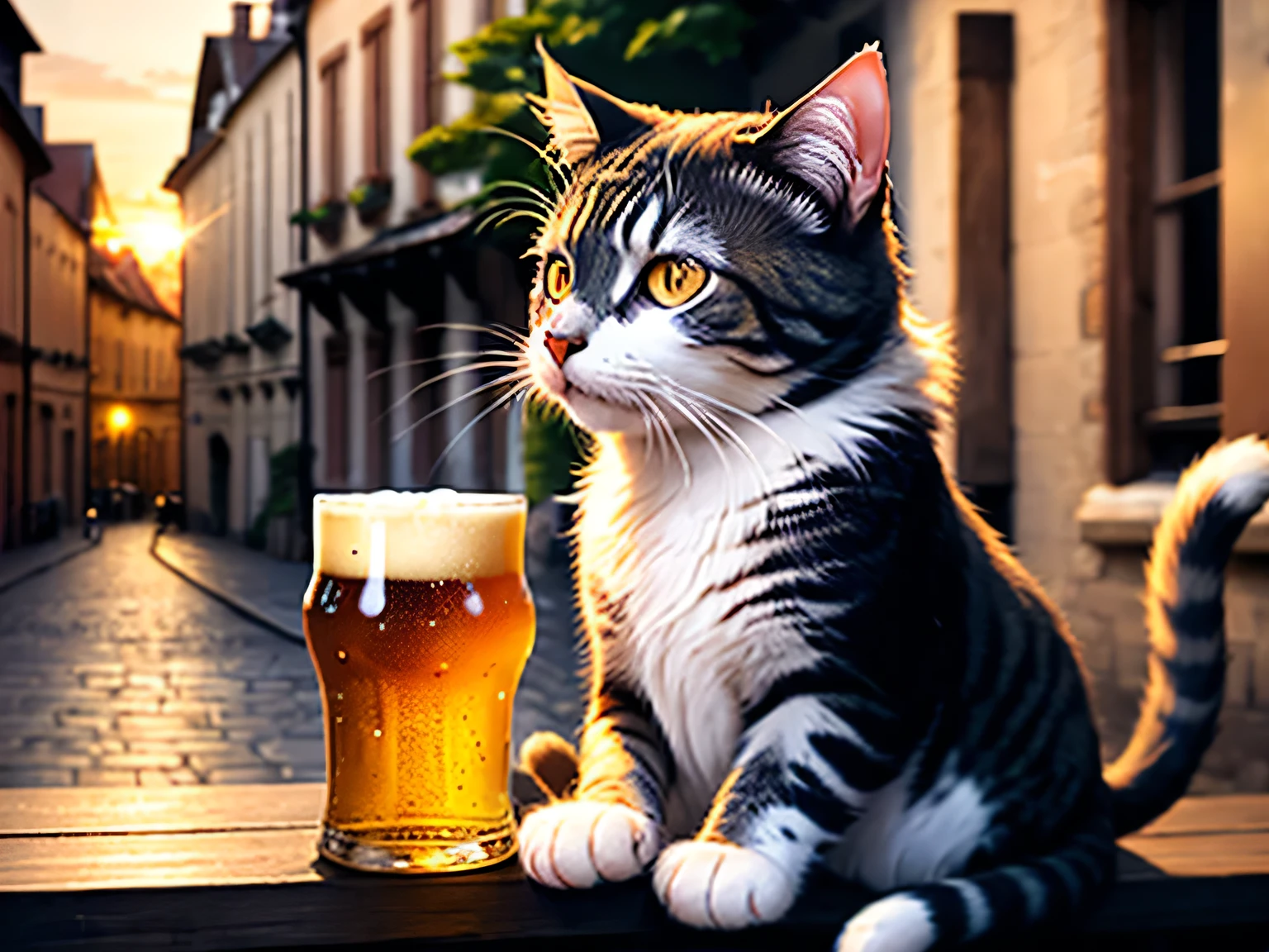 Cat, fluffy fur, high quality, realistic, in a European town, stylish town, relaxed, curious, charming face, elegant, drinking beer, wild and traveler-like, sunset, masculine、