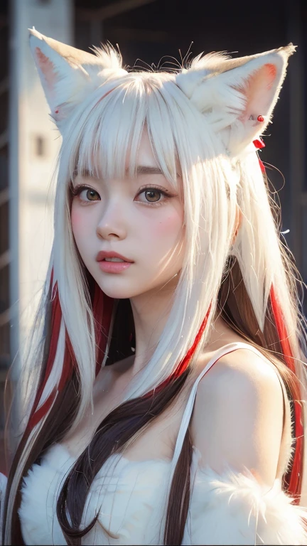 masterpiece, highest quality ,Full body photo、 Awareness-raising,1 perfect portrait of a girl, A fascinating eye for perfect detail, Colorful Hair, (red+White and soft hair:1.6), (White Fox Ears:1.3), ファンタジーなredい背景, { exposed bare shoulders} ,{Long-term alienation_sleeve}, {Lean forward slightly}, If you look up, hair ornaments, {shy },Please keep your mouth shut, Tilt your head, Cinema Lighting, Larger clothes, ((Seductive pose)),
