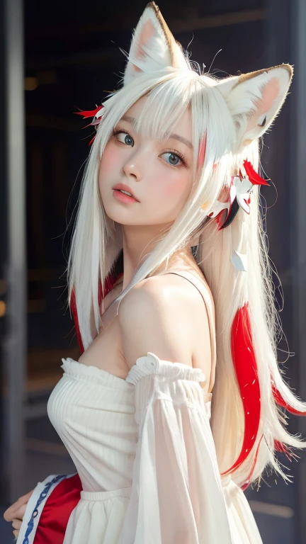 masterpiece, highest quality ,Full body photo、 Awareness-raising,1 perfect portrait of a girl, A fascinating eye for perfect detail, Colorful Hair, (red+White and soft hair:1.6), (White Fox Ears:1.3), ファンタジーなredい背景, {Sexy exposed bare shoulders} ,{Long-term alienation_sleeve}, {Lean forward slightly}, If you look up, hair ornaments, {shy },Please keep your mouth shut, Tilt your head, Cinema Lighting, Larger clothes, ((Seductive pose)), 