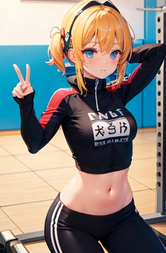 {Robotgirl},cute,training,fitness gym,Jumping,Giving a peace sign to you