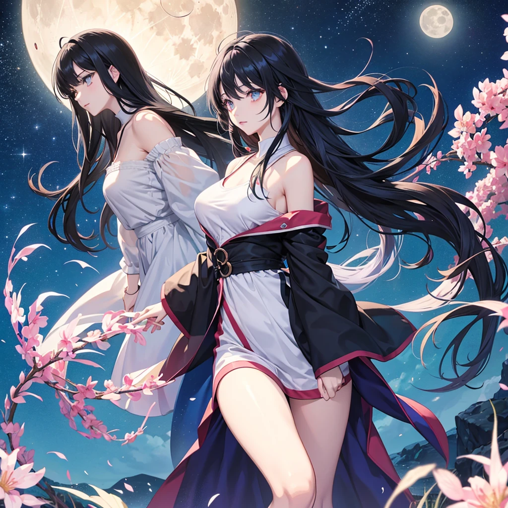 anime、Vibrant colors、A calm and collected beauty、20-year-old、Black Hair、Long Hair、Straight Hair、The bangs are cut above the eyebrows、Narrow eyes、Slanted Eyes、Bright eyes、Sparkling eyes、Large Breasts、profile、Night Sky、full moon