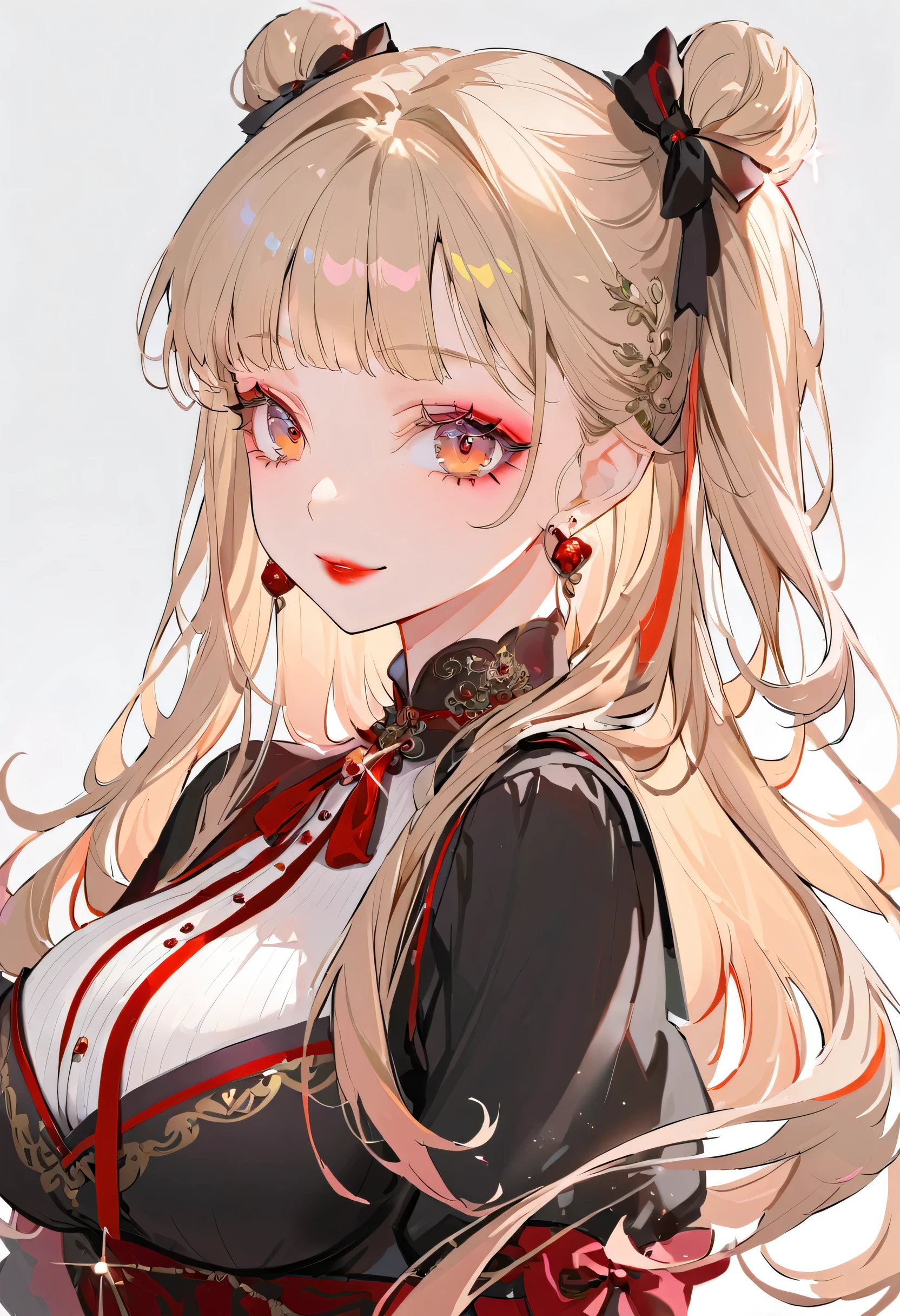 (best quality,ultra-detailed,highres:1.2),beautiful girl with flawless face,The cutest girl in the world,Exquisite makeup,1girl,****,gothic ****ta,red eyes,eyelashes,lipstick,tsurime,glint,red lips,seductive smile,****ta fashion,huge breasts,long hair,streaked hair,floating hair,