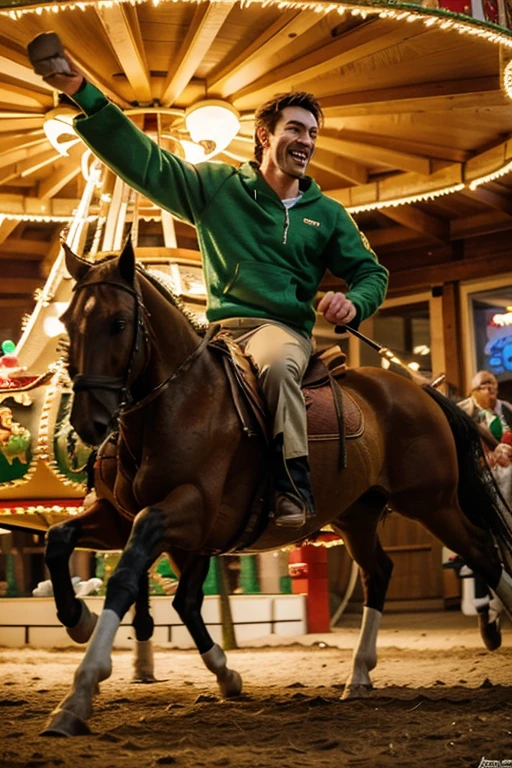 Draw a dynamic image of a Kiwi man made of kiwi riding a merry-go-round.